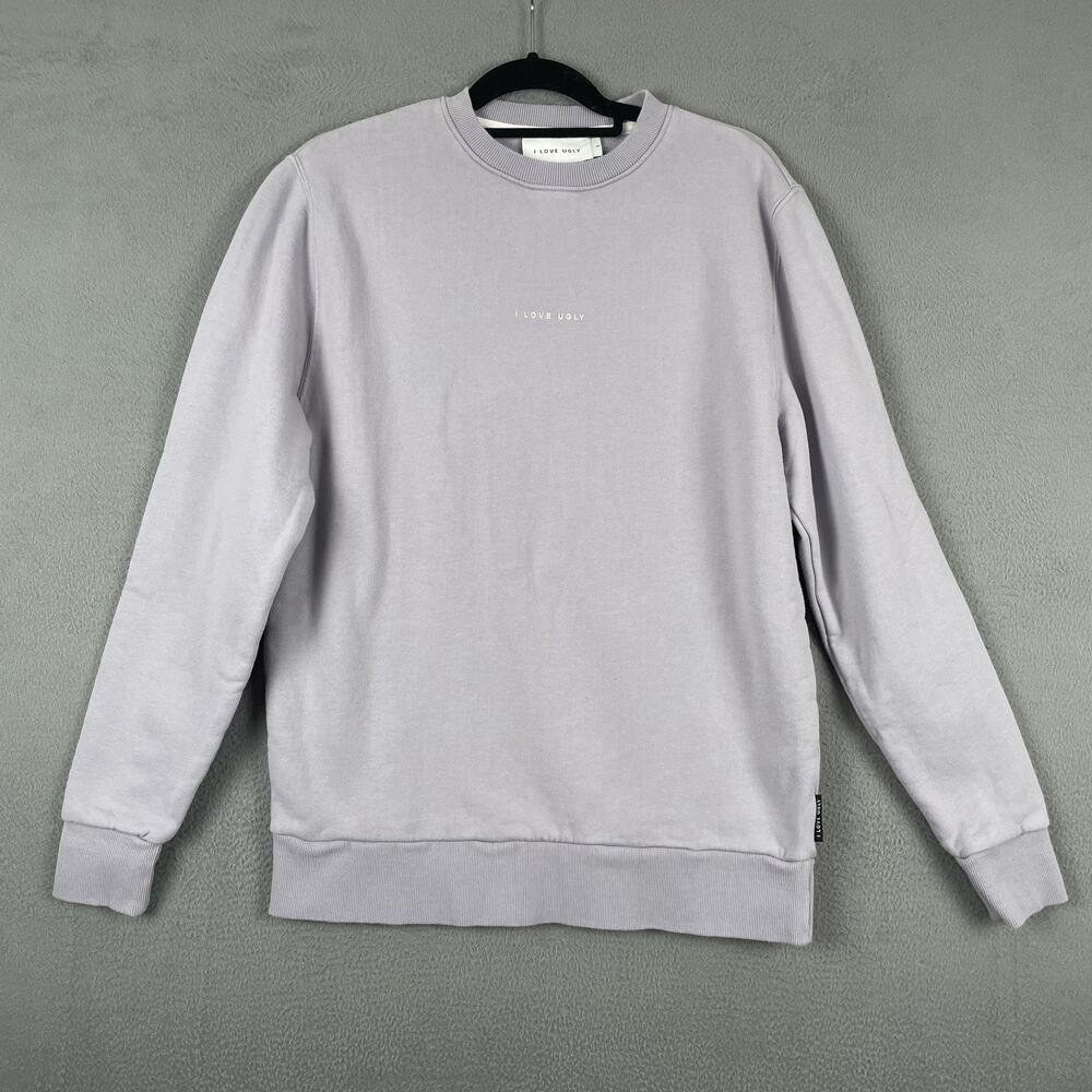 I Love Ugly Sweatshirt Mens Small Lilac Crewneck Pullover Minimalist Logo Casual